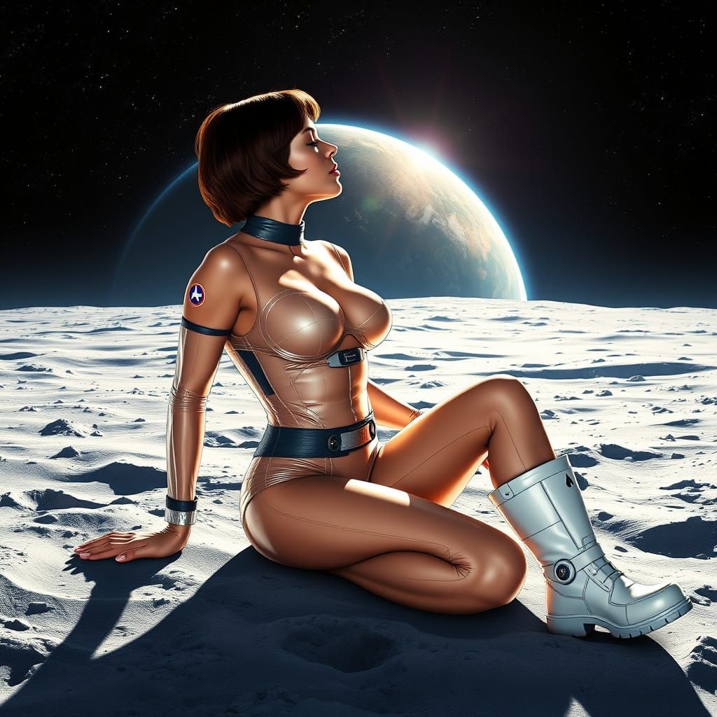 Futuristic Beauty Embraces the Moon Amidst a Stunning Earthl...