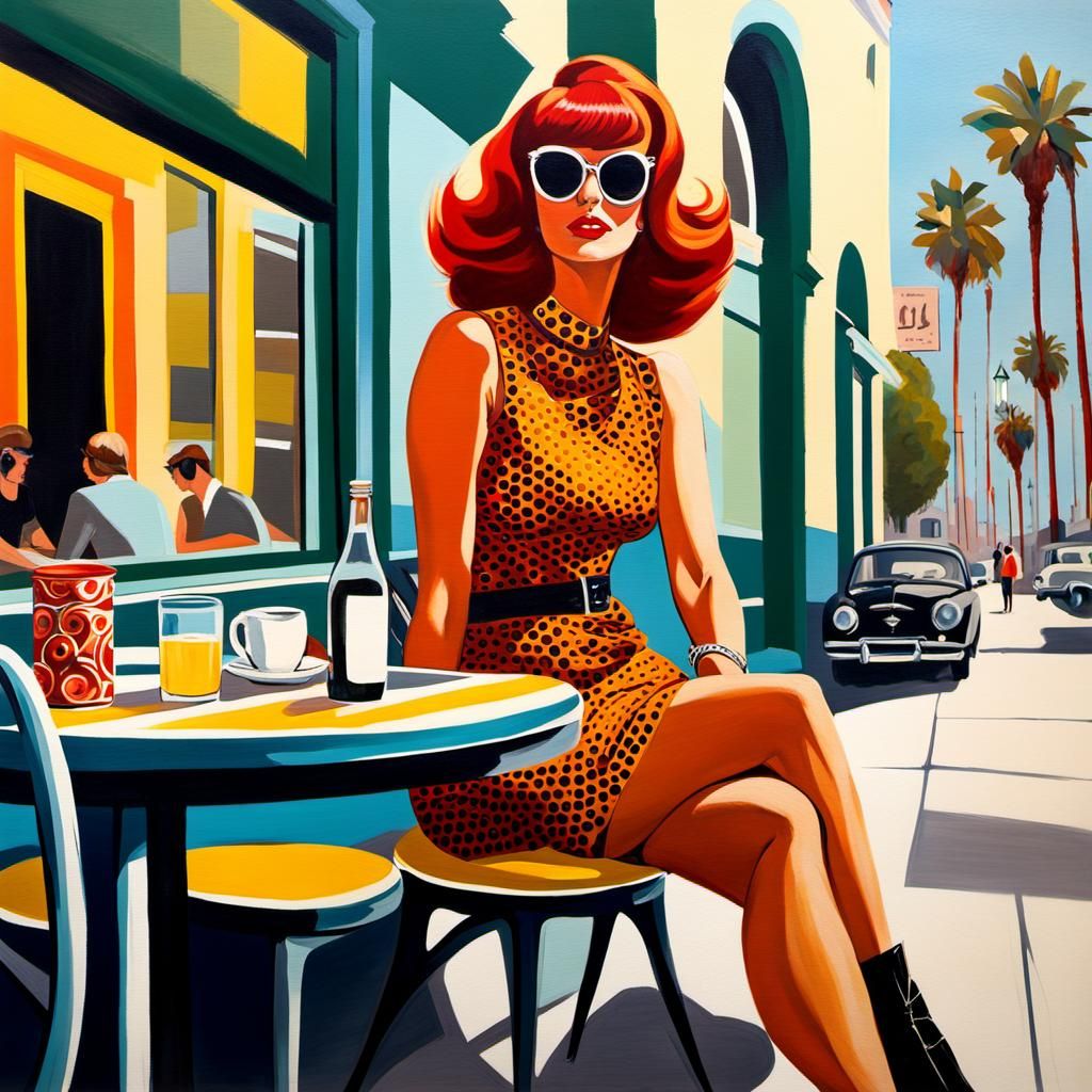 Bold 1960s Pop Art of Chic Woman at Venice Beach Sidewalk Ca...