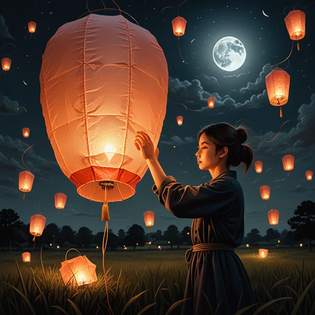 Lighting a Lantern in Moonlit Field: Digital Art