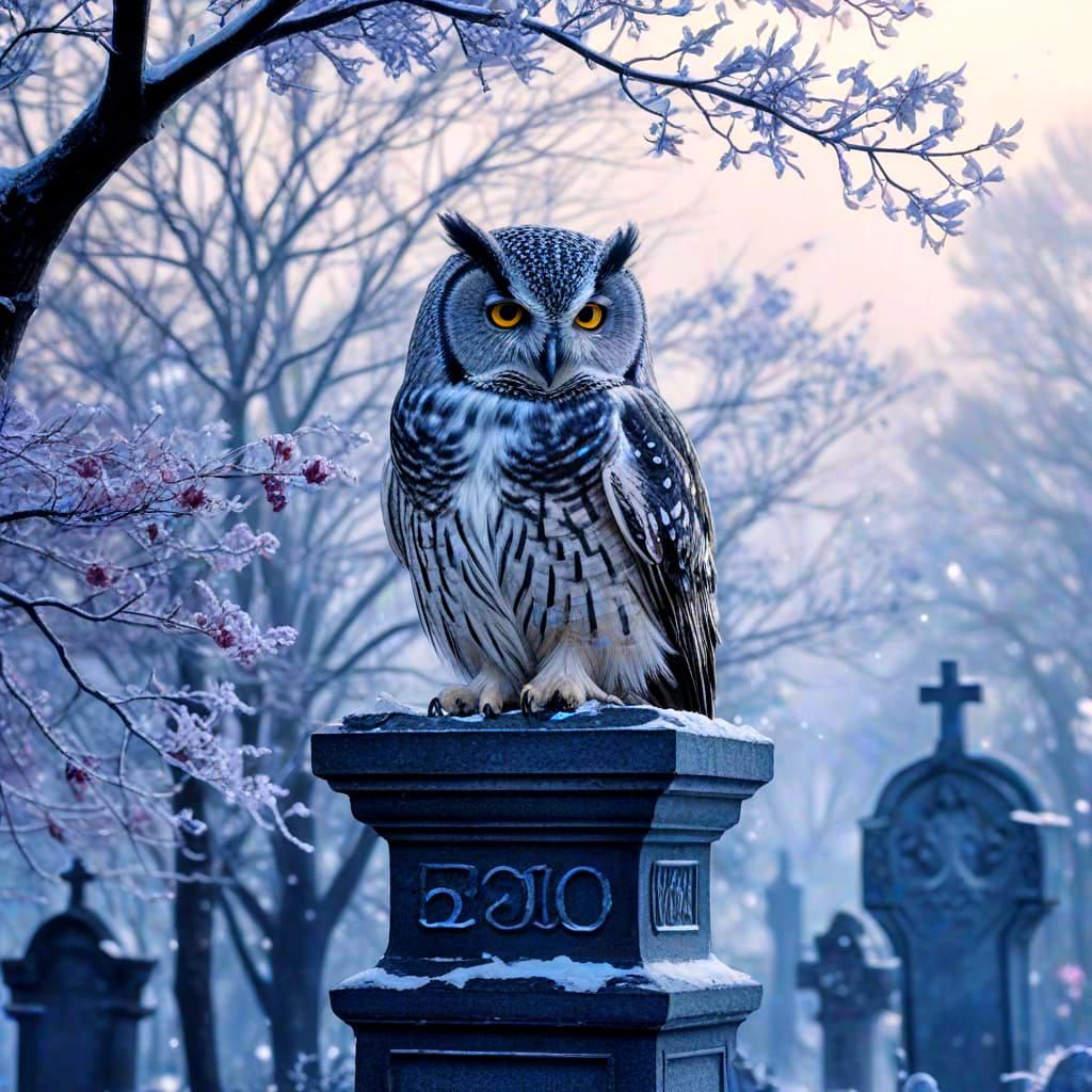 Icy Owl Guardian in Snowy Graveyard