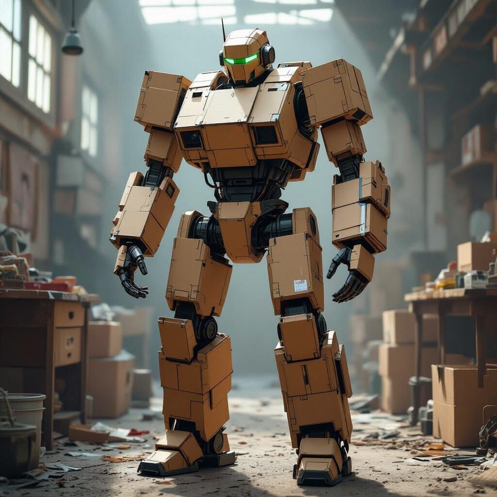 Cardboard Mech Suit in Gritty Workshop