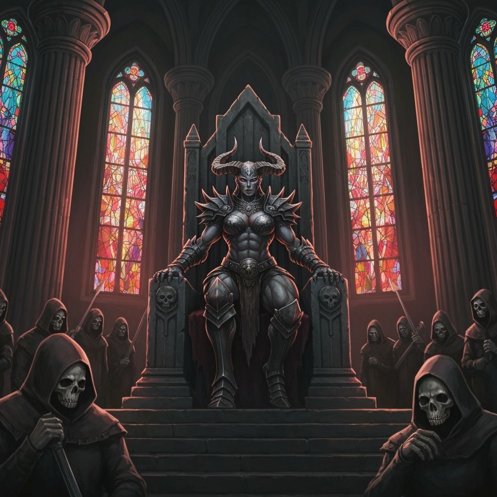 Gothic Goddess on Throne with Neon Cathedral