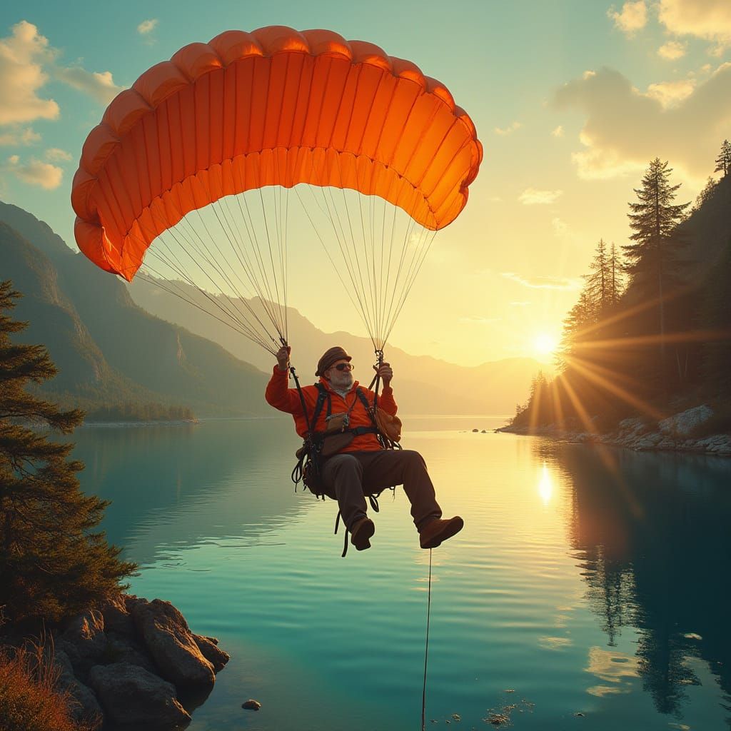Man Jumps Over Majestic Lake at Sunset