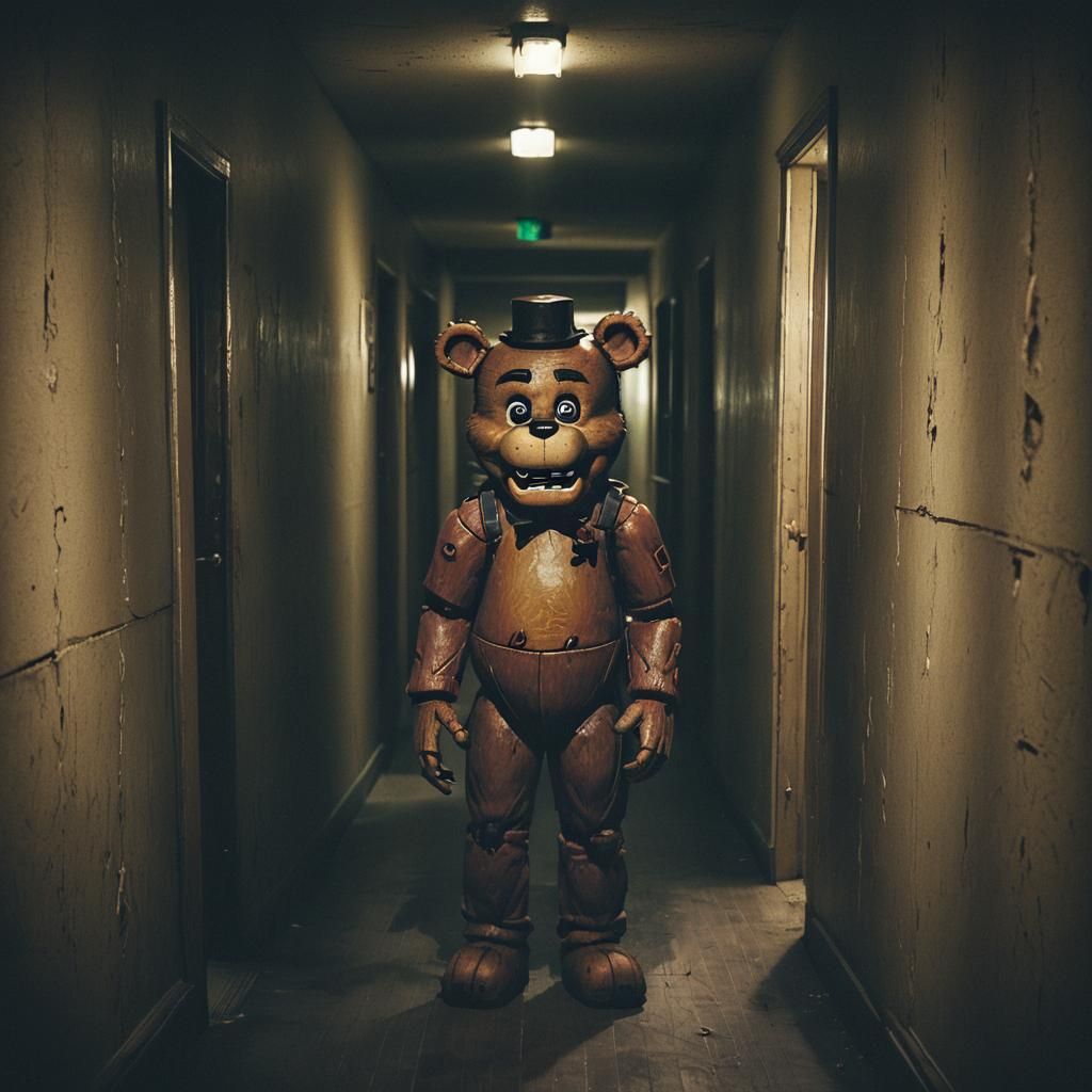 Eerie Freddy Fazbear in Dimly Lit Hallway