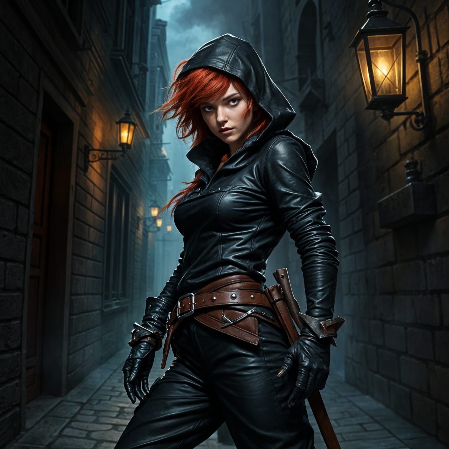 Stealthy Red-Headed Rogue in a Dark Alley