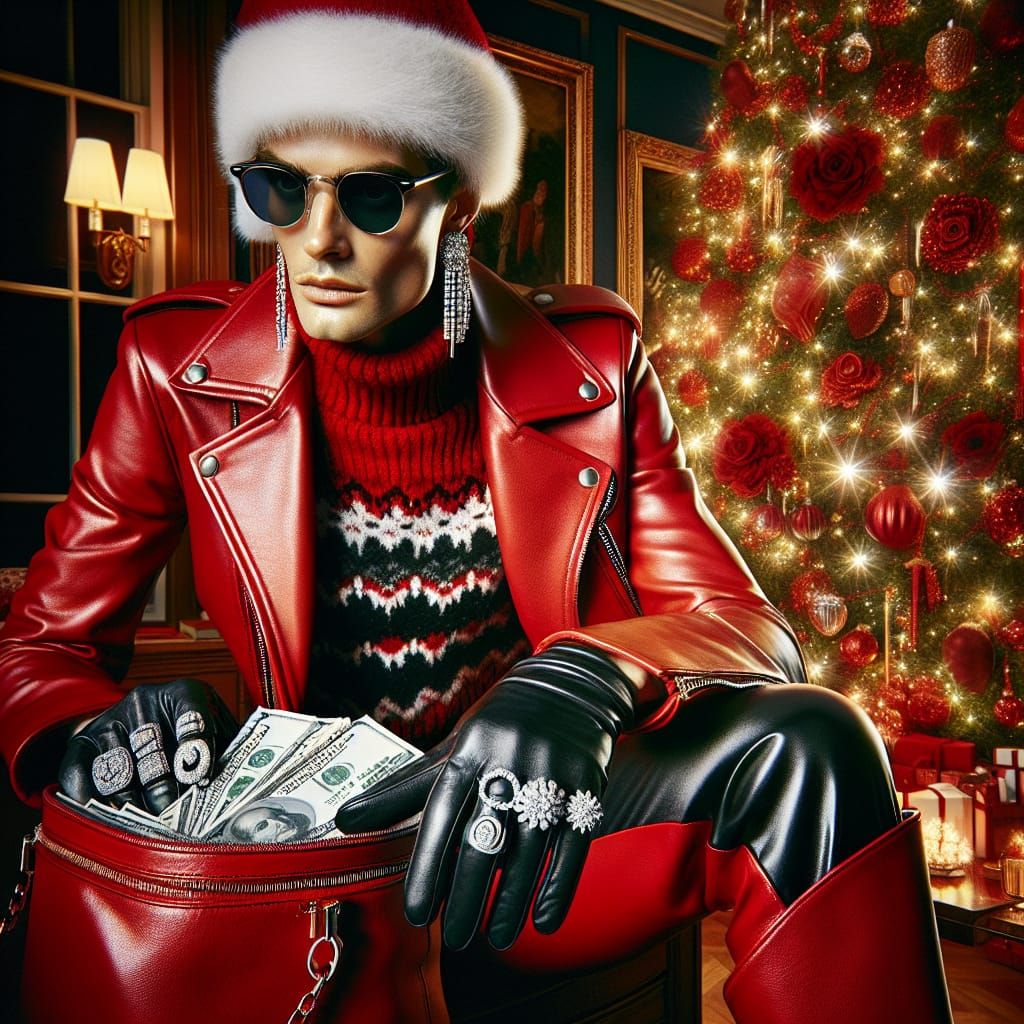 Audacious Female Thief in Christmas-Themed Leather Outfit