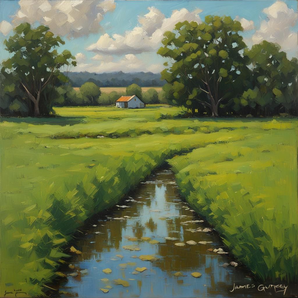 Lush Green Field: An Oil Painting by Gurney