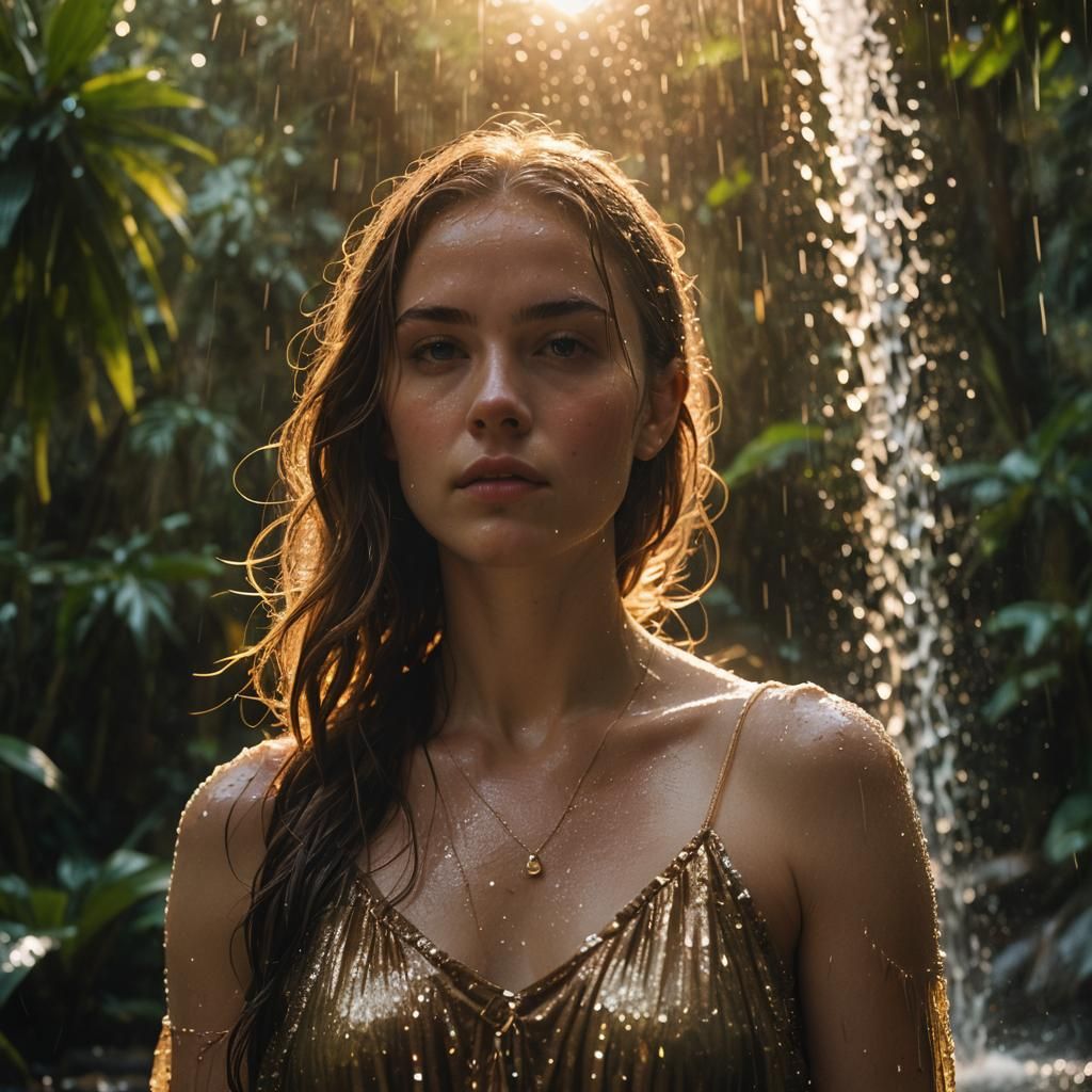 Tropical Waterfall Portrait in Golden Light