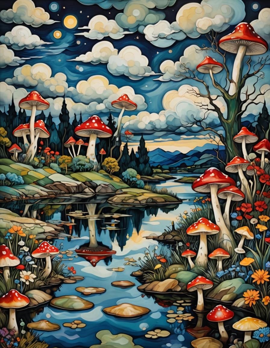 Neo-Cubist Toadstools by a Moonlit River