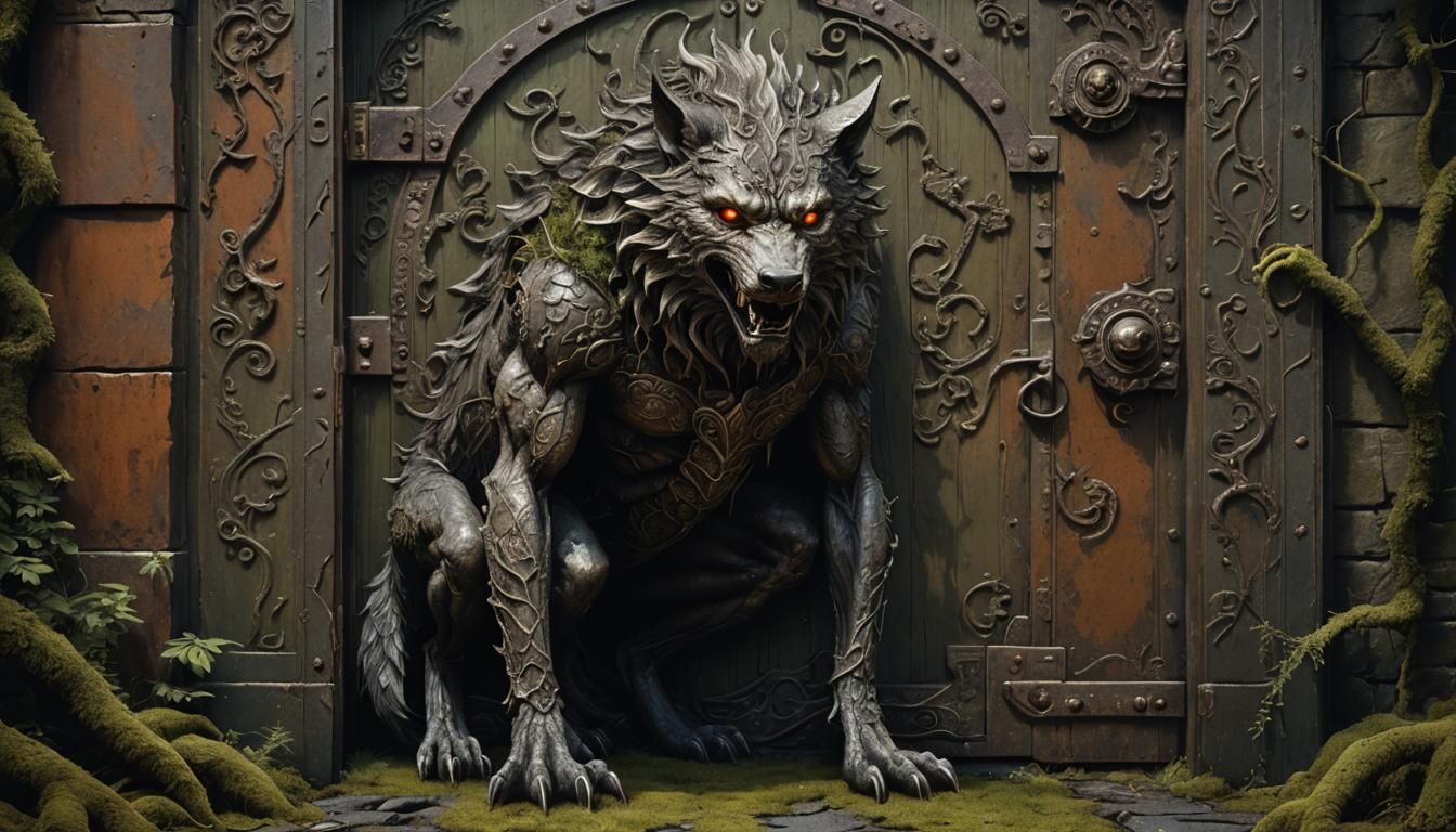 Dark Fantasy Demon Wolf Guardian of Ancient Door