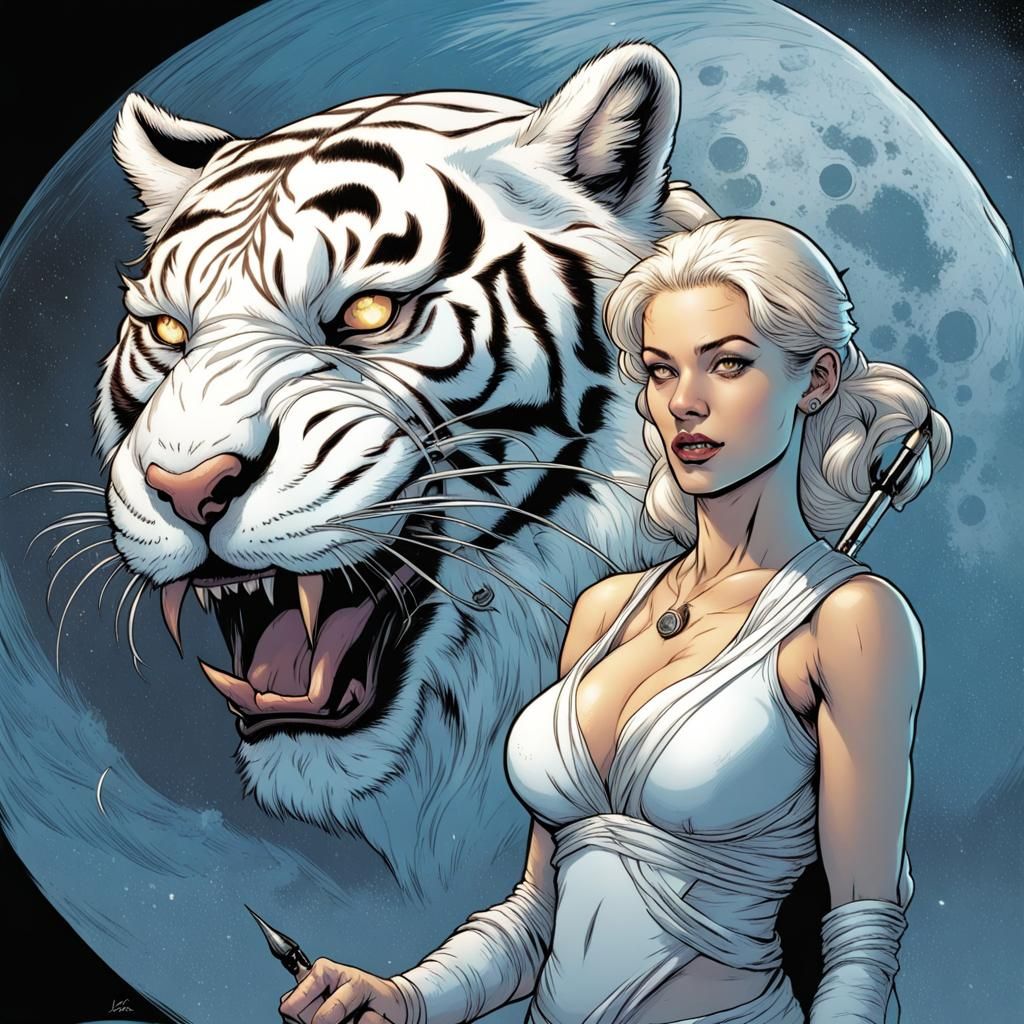 Woman and Albino Tiger in Frazetta Style