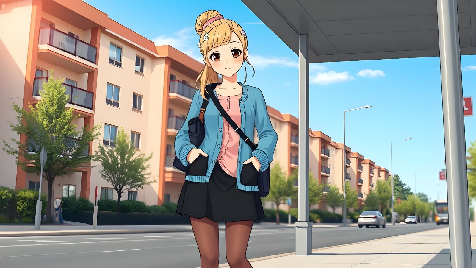 Nordic Spy Waiting for Bus in Kawaii Cartoon Style