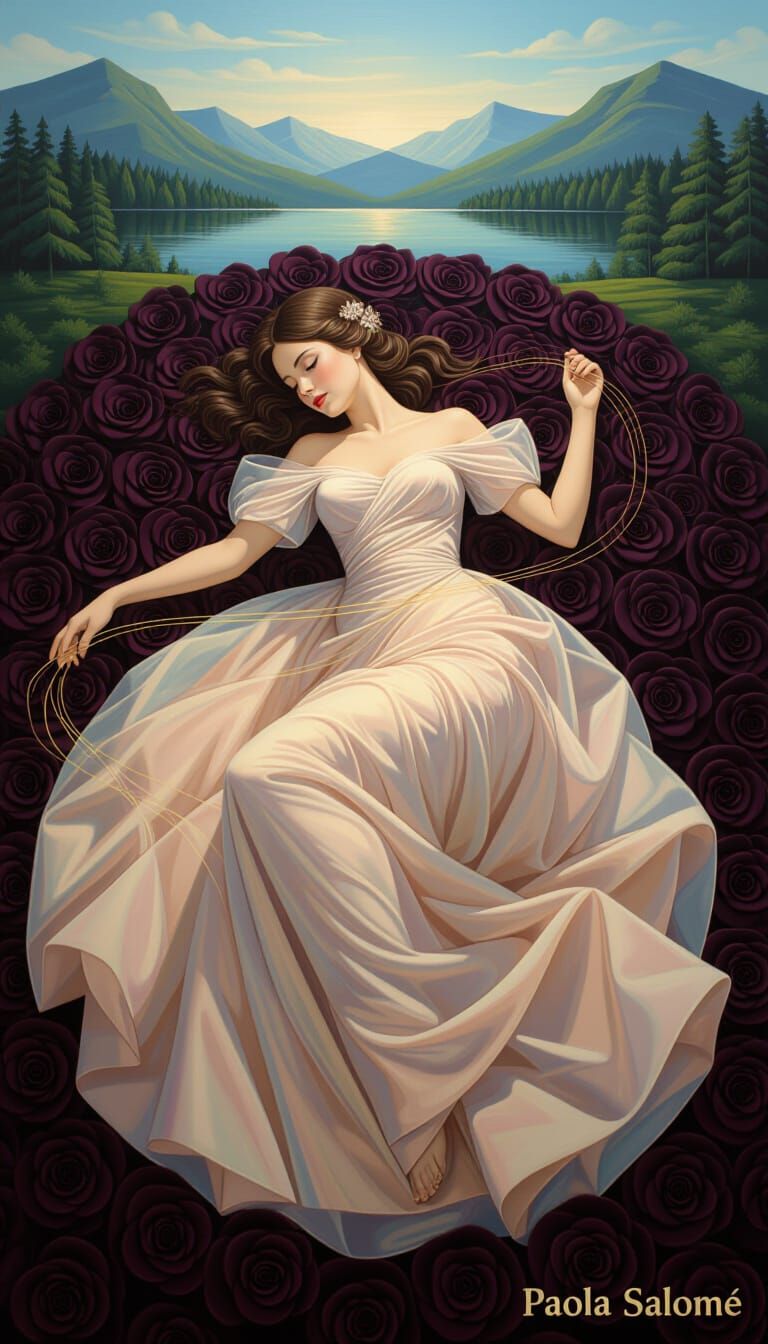 Delicate Figure Sleeps Among Dark Roses in 3D Oil Painting