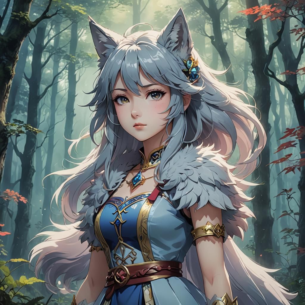 Anime Wolf Princess in Misty Forest