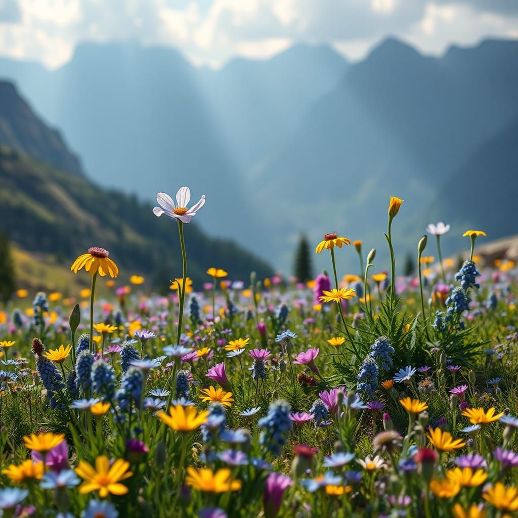 Surreal Mountain Glade with Floating Flowers