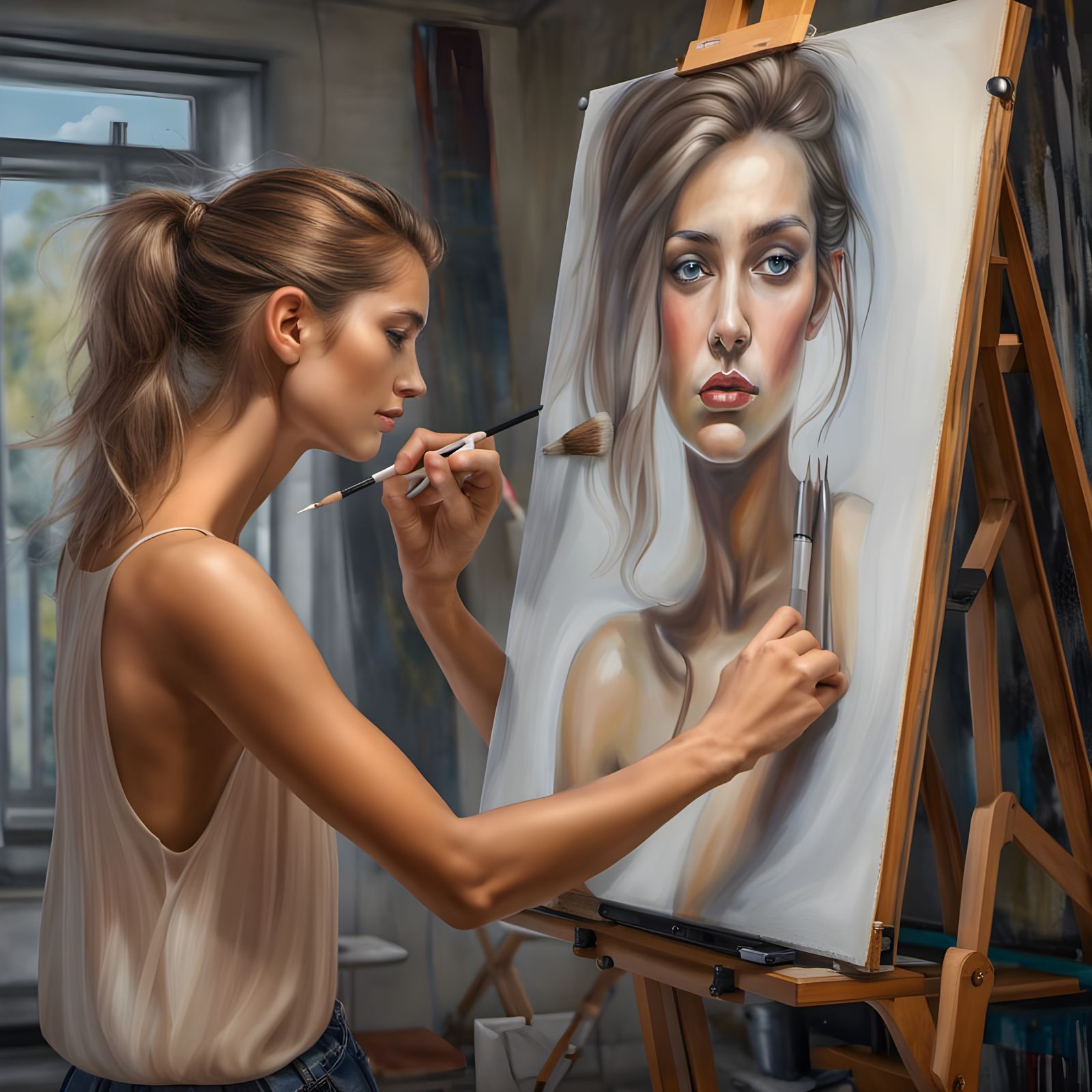 Girl Painting Self-Portrait in Photorealistic Style