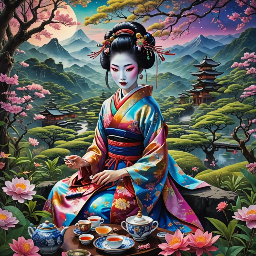 Geisha in Mountain Tea Garden: Cosmic Illustration