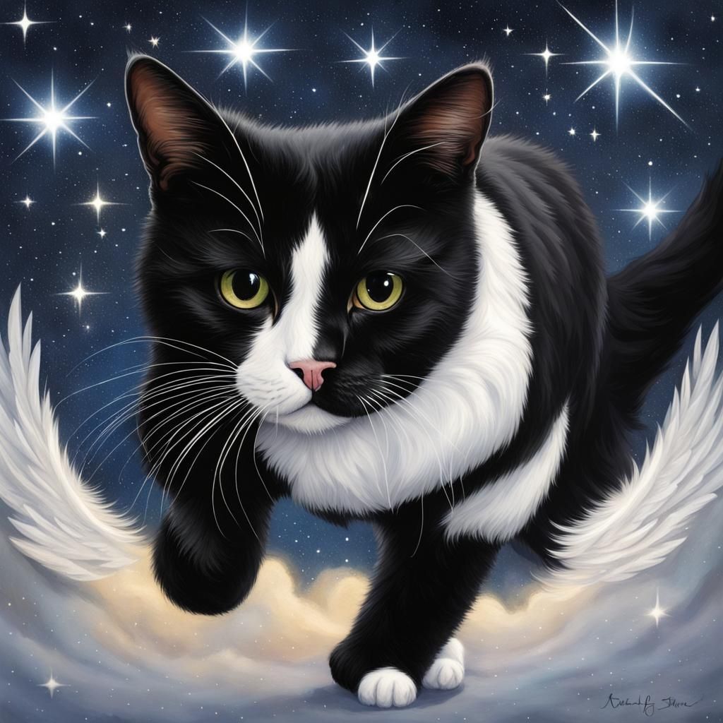 Tuxedo Cat with Angel Wings Among Stars