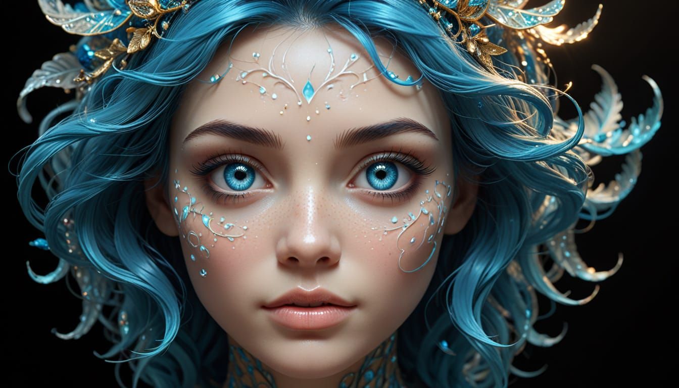 Radiant Fairy Portrait with Blue Hair in Dreamlike Forest