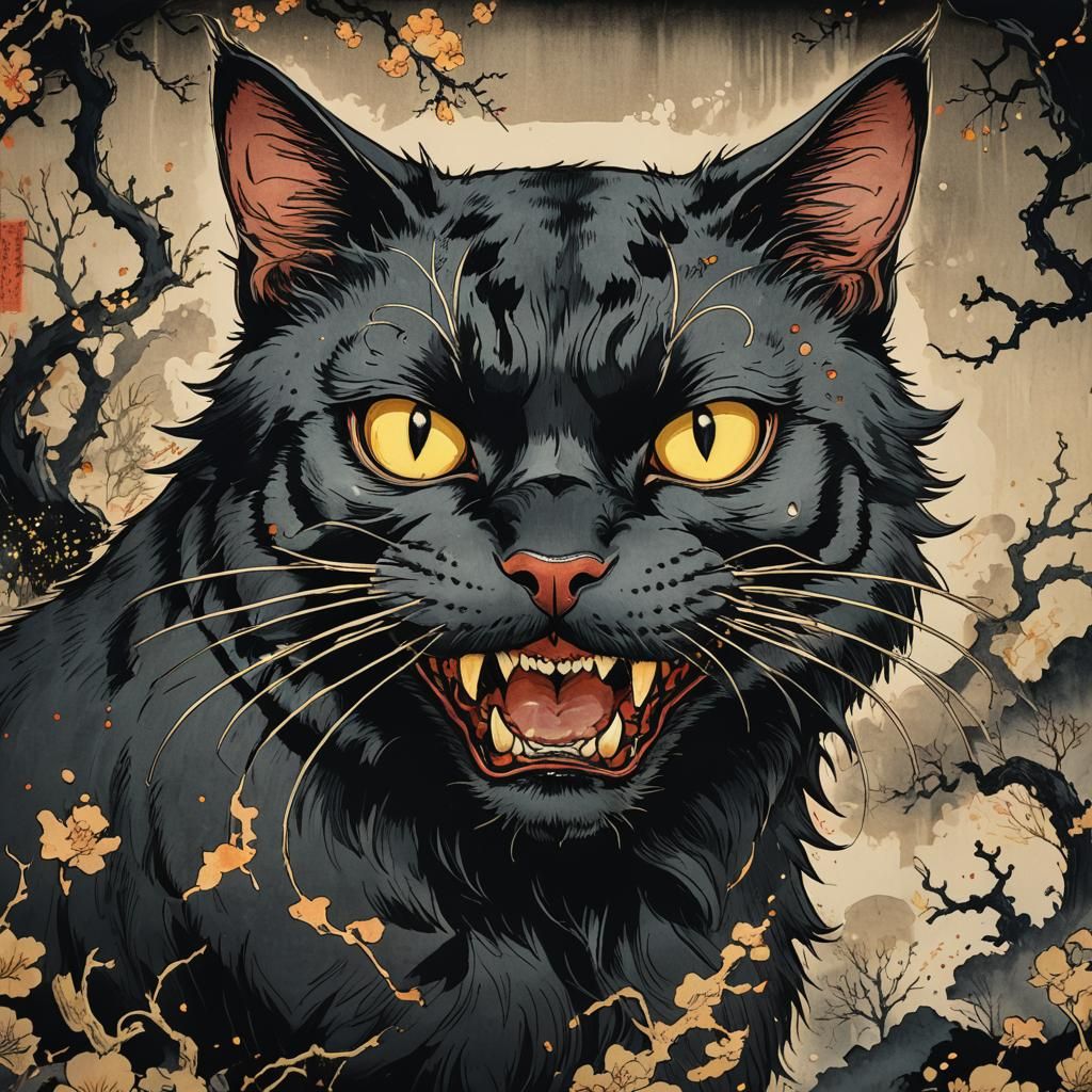 Evil Black Cat Portrait in Ukiyo-e Style