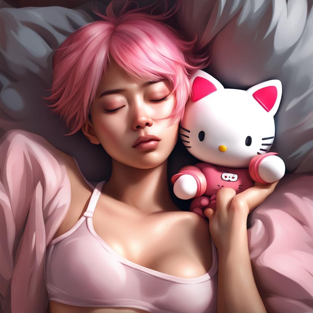Woman with Pink Hair Sleeping, Digital Art Portrait