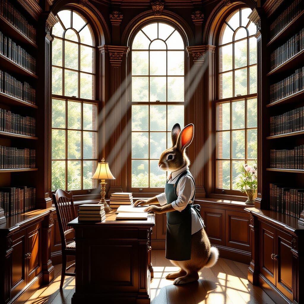 Rabbit Librarian in a Sunlit Victorian Library