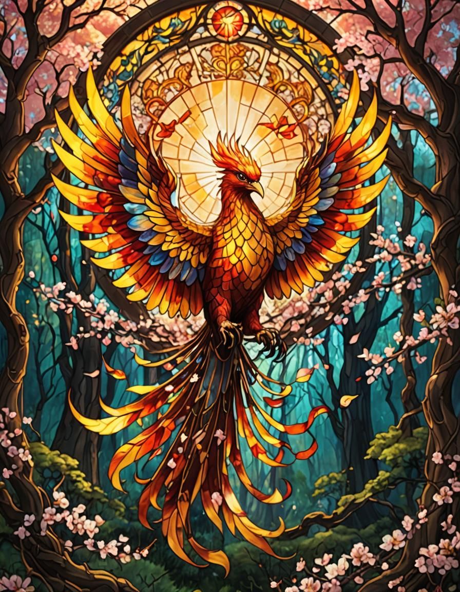 Stained Glass Golden Phoenix in Flight
