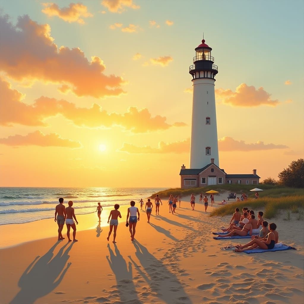 Sunset Lighthouse Beach Scene as Impressionist Oil Painting
