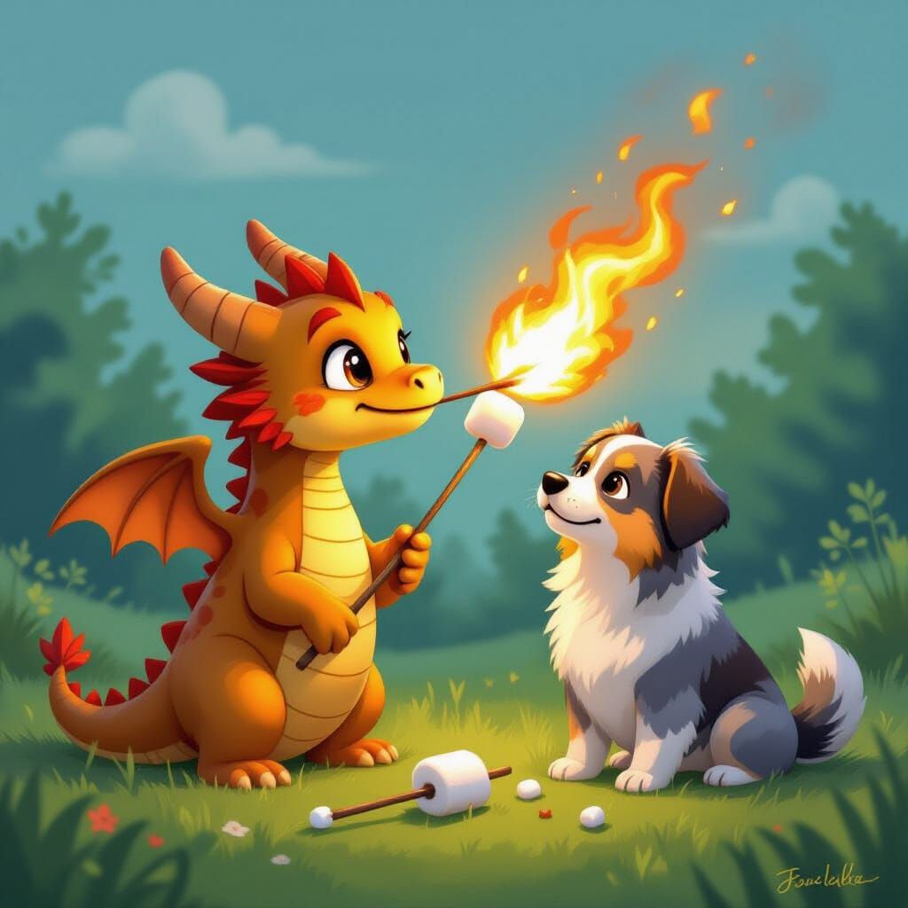 Baby Dragon Breathes Fire on Marshmallow with Dog
