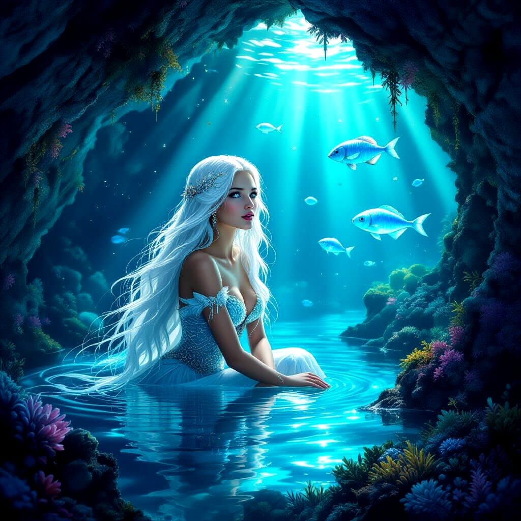 Mermaid Peeking from Crystal Cave with Glowing Gems