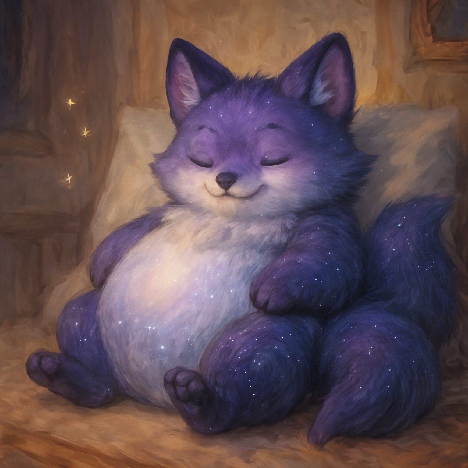 Cosmic Purple Fox Asleep on a Pillow
