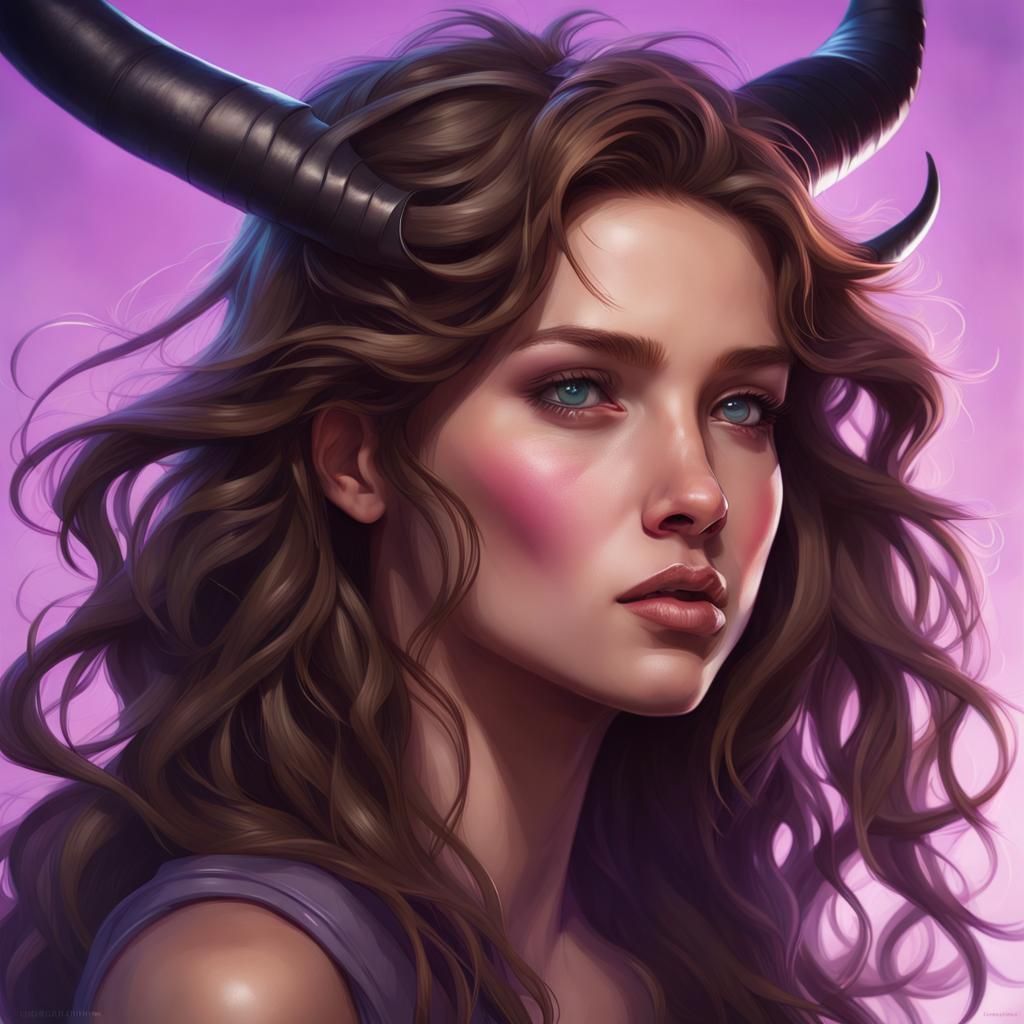 Teenage Girl Portrait with Horns in Art Nouveau Style