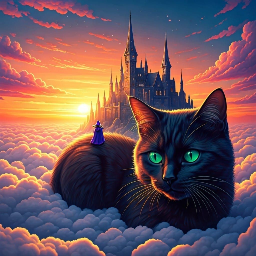 Black Cat and Wizard's Castle in a Sunset Dream