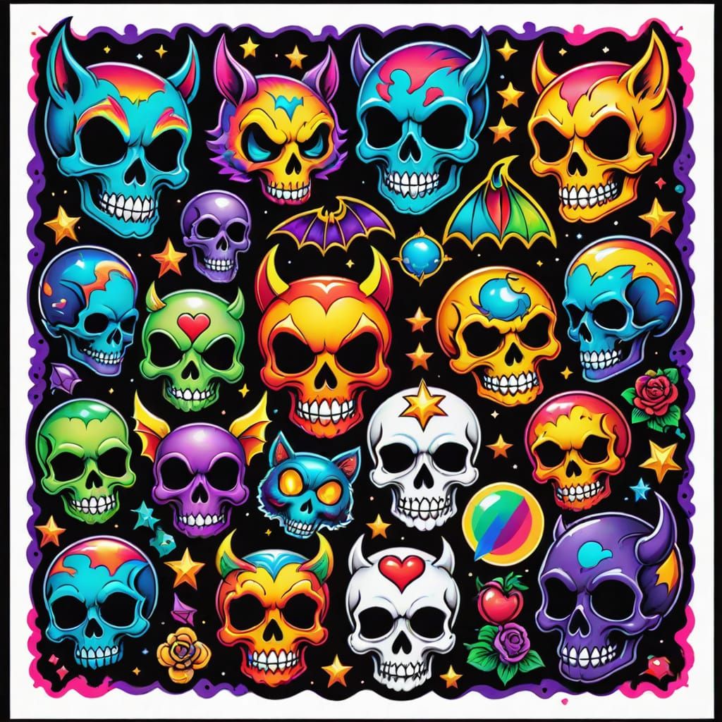 Flash Tattoo Sheet with Kawaii Gothic Designs