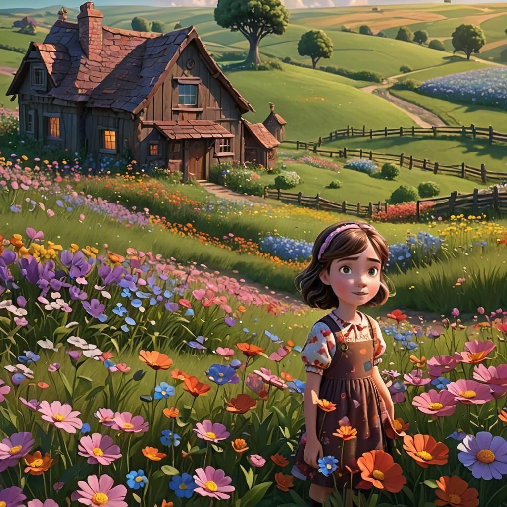 Girl in Floral Dress Picking Flowers: 3D Digital Art