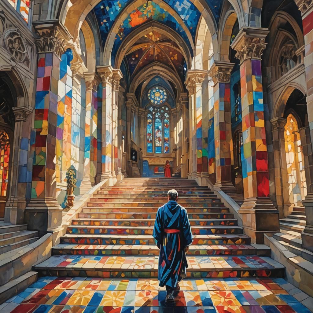 Ornate Figure Ascends Church Steps: Gouache Impressionism