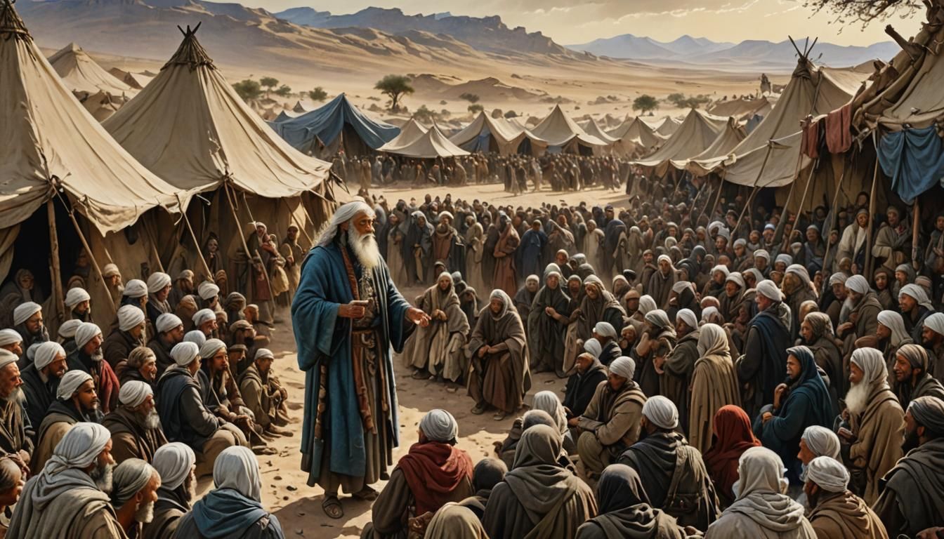 Moses Preaching to Nomads in Ancient Desert Setting
