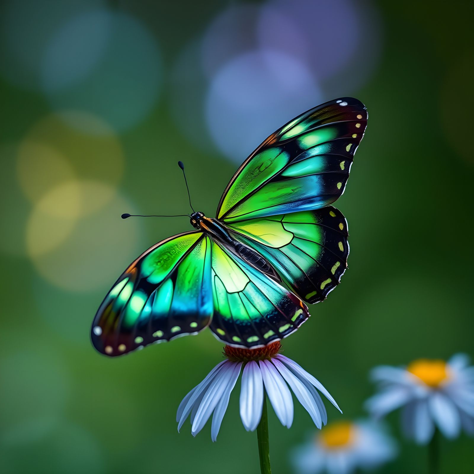Blue and Green Swallowtail Butterfly on Daisy