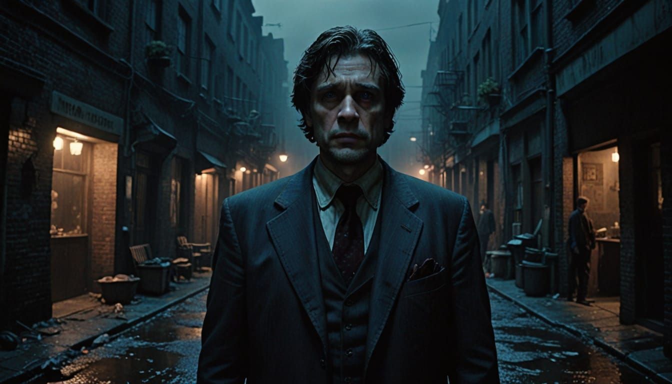 Haunted Businessman in Smoky Alleyway