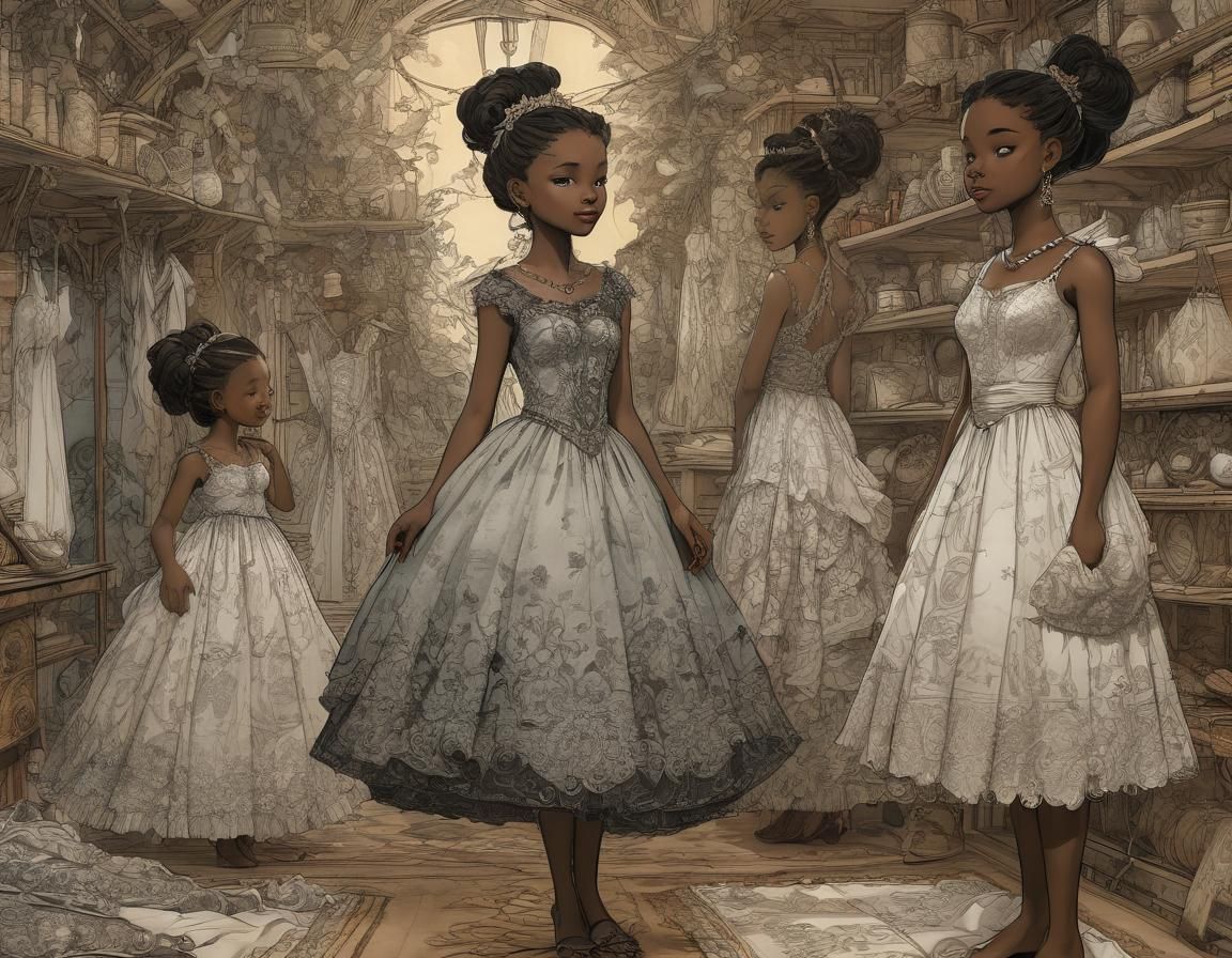 Girl in Beautiful Dress, Expressive Illustration