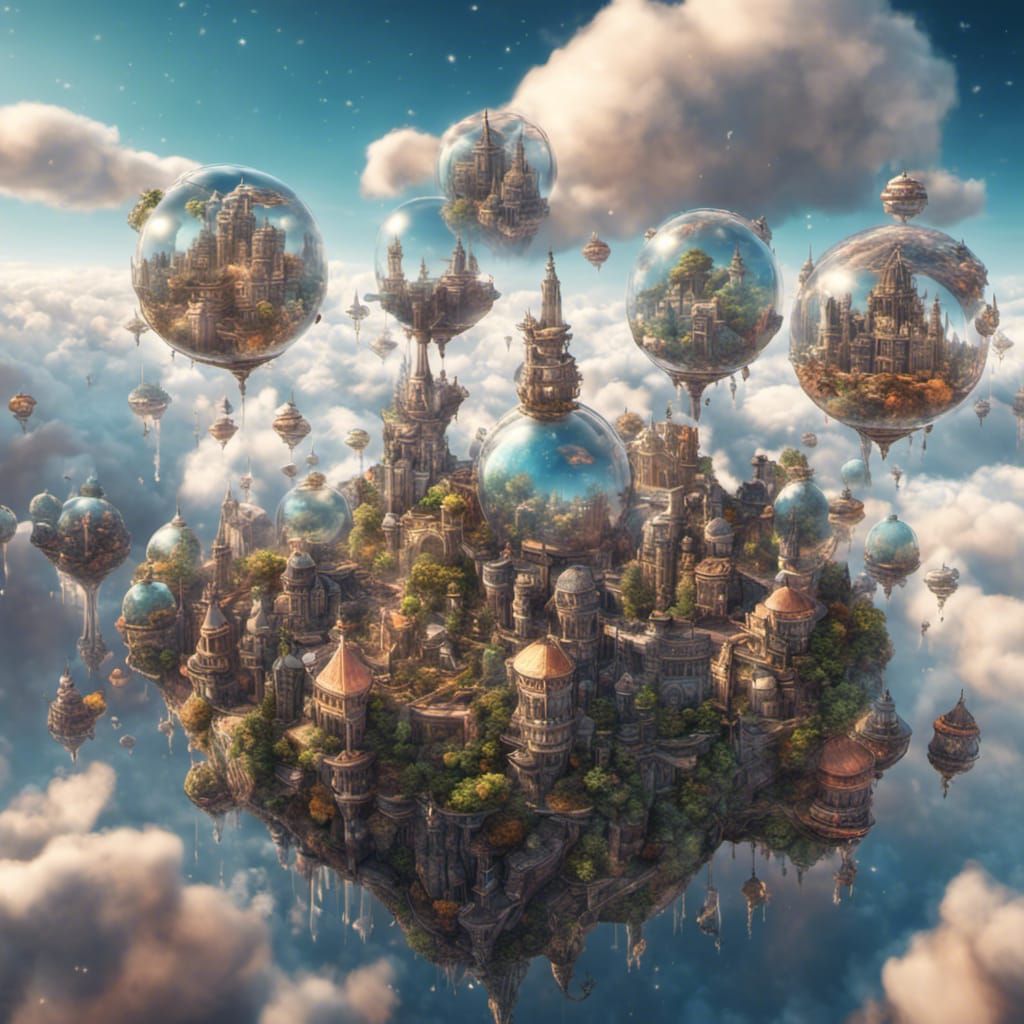 Whimsical City Above Clouds in Glass Spheres