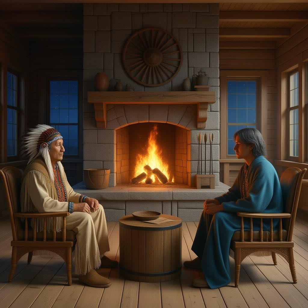 Cozy Wooden Home Interior with Fireplace and Seated Figures