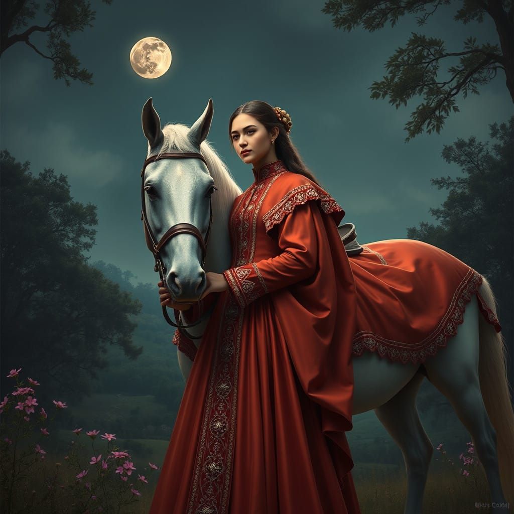 Ethereal Scene: Young Woman Kisses White Horse in Whimsical ...