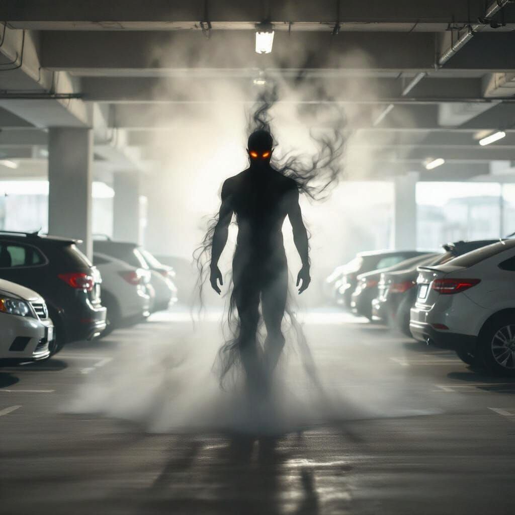 Shadow God Apparition in Misty Parking Garage