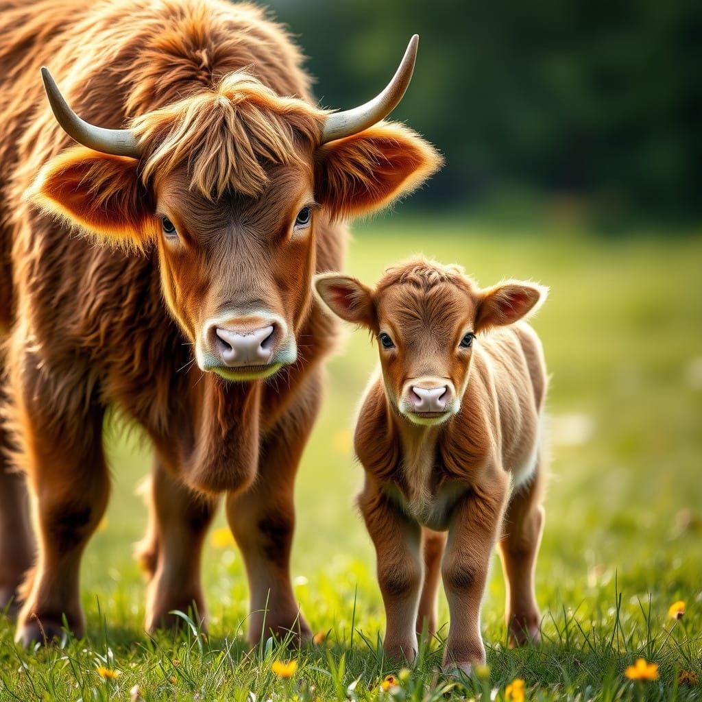 Cute Highland Calf with Mother in Serene Meadow