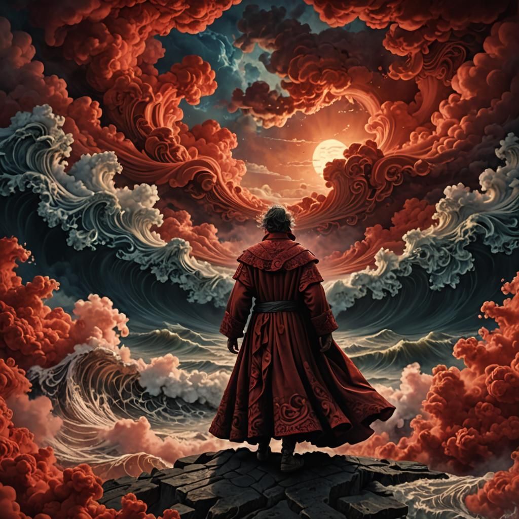 Dark Fantasy Figure in Crimson Clouds: Digital Art