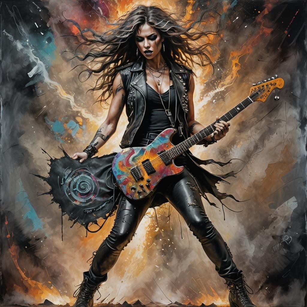 Female Heavy Metal Guitarist: Mixed Media Stage Art