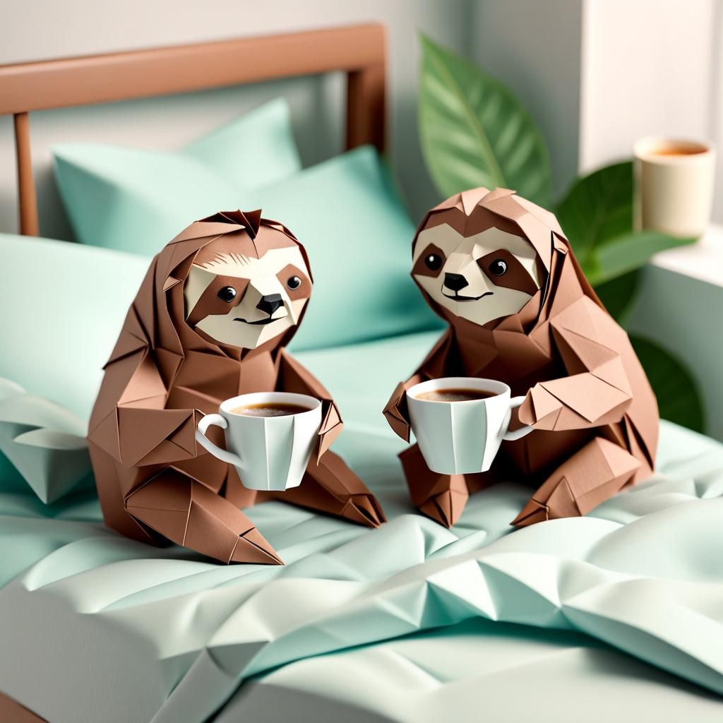 Sloths Enjoying Morning Coffee in Origami Style
