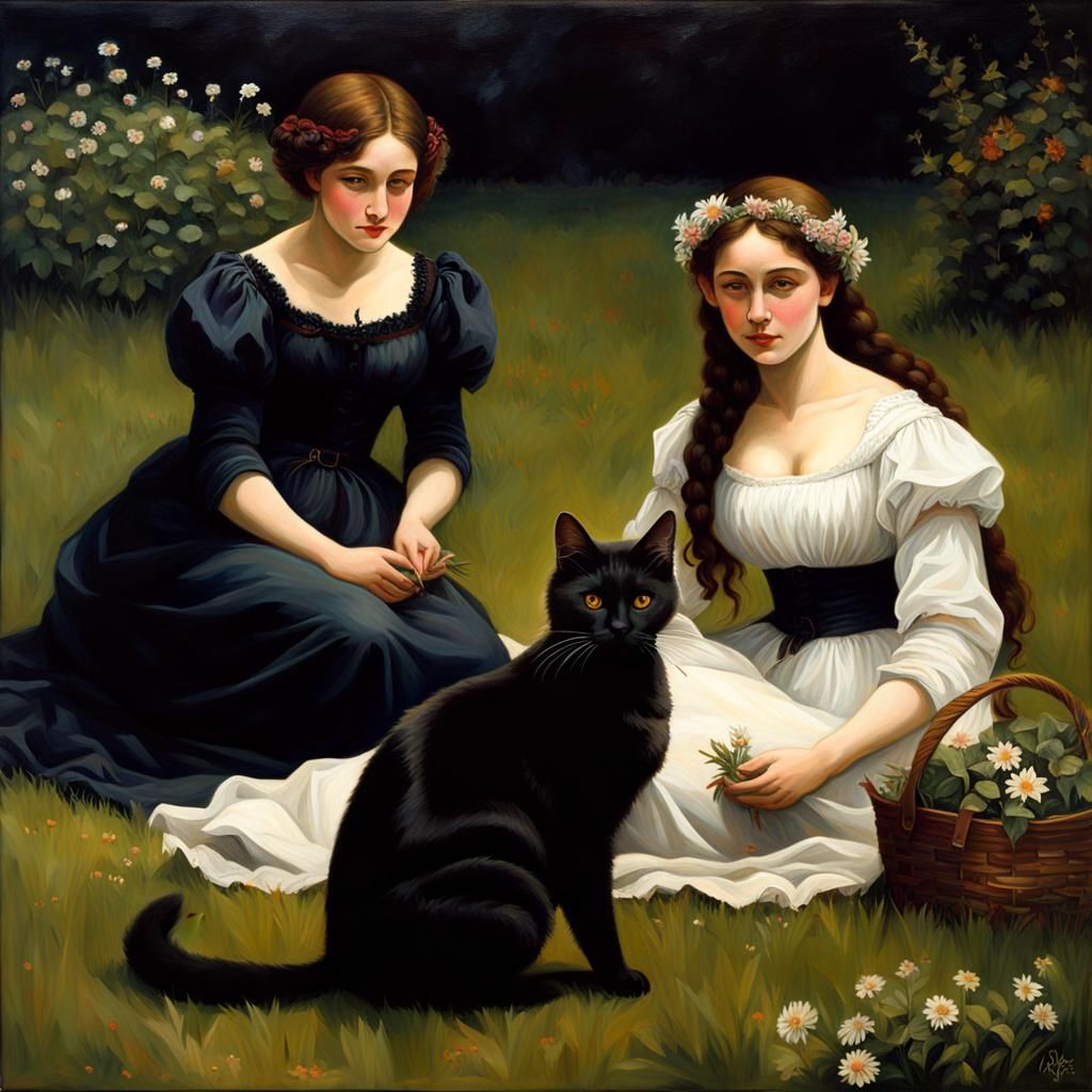 Women in Garden Acrylic Painting in Pre-Raphaelite Style