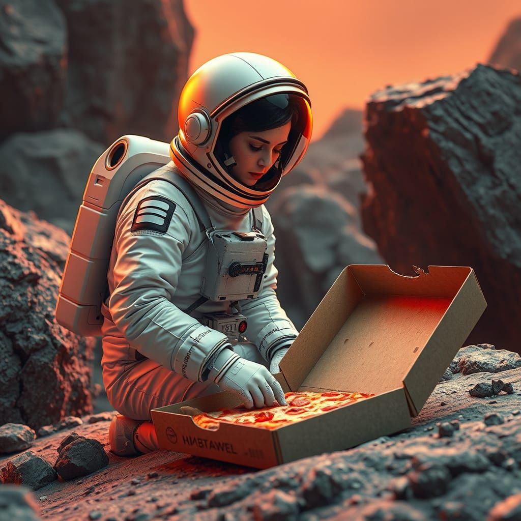 Astronaut Woman Discovers Pizza on Futuristic Moon Landscape